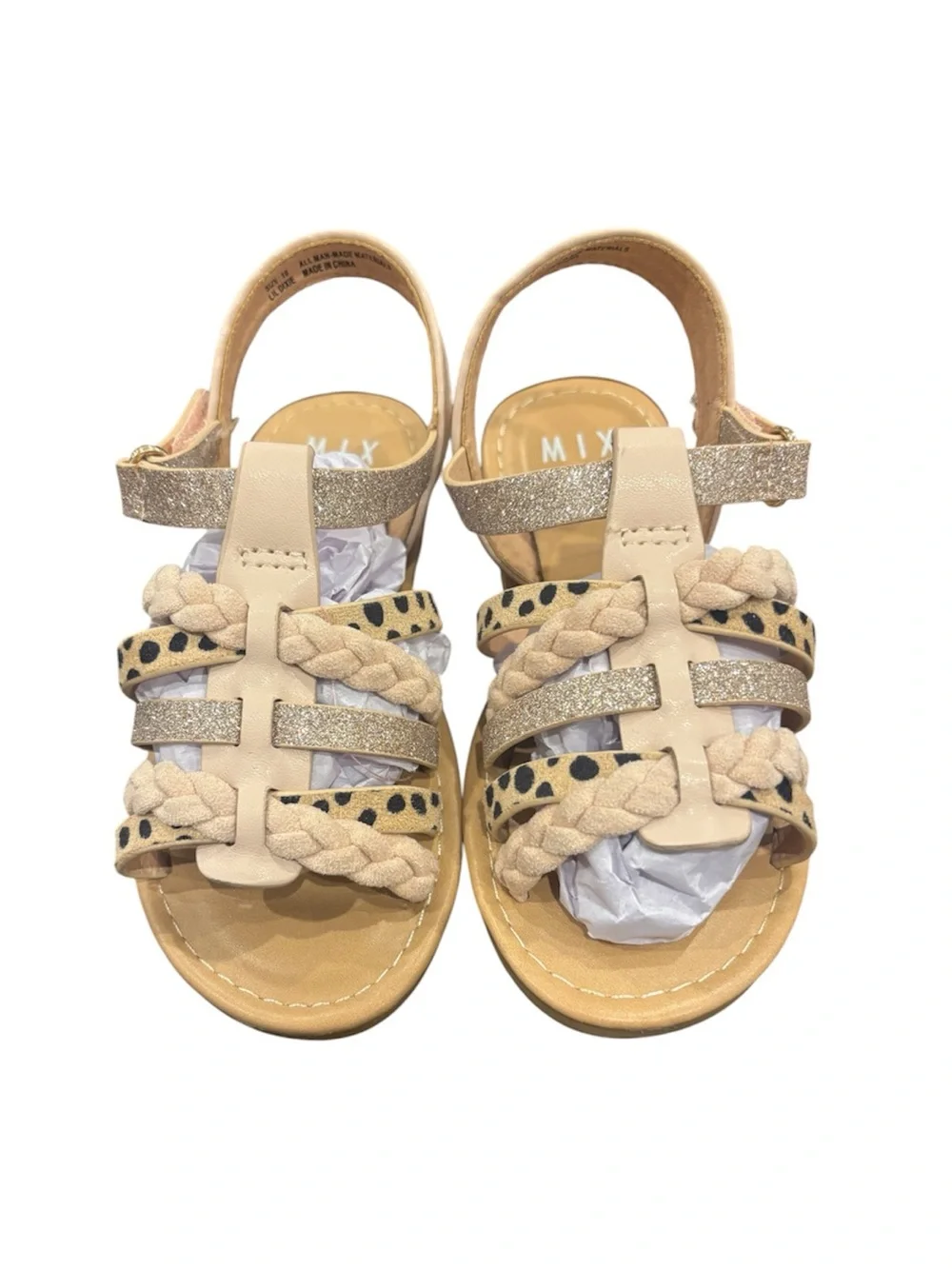 Mix No. 6 Girls' Tan Braided Sandals with Gold Glitter & Leopard Print